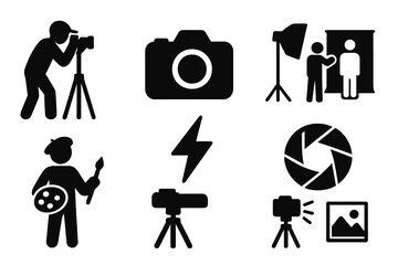 Photography and art icons: camera, tripod, artist, light, shutter, portrait