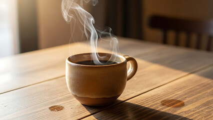 Steaming cup of coffee on wooden table