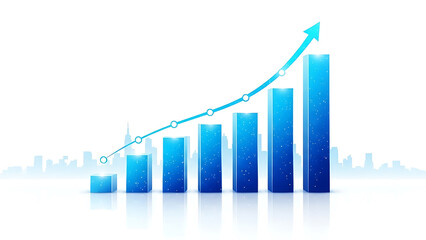 Blue bar graph with upward trend on white background showing growth