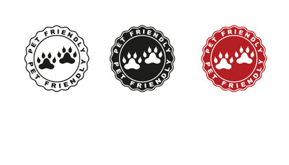 Three pet friendly logos with paw prints on a white background
