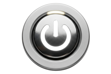 Silver metallic power button with illuminated white symbol in the center isolated with transparent background