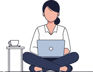 Remote Work From Home Concept with Woman Freelance Digital, Cartoon Illustration