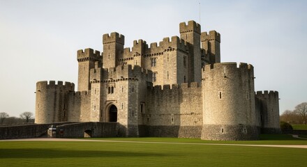 High Angle View of a Medieval Voxel Style Castle Built Deep Inside a Blocky Green Forest