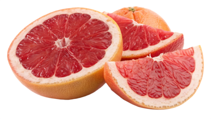 Sliced Fresh Red Grapefruit Half and Segments Isolated on White Background