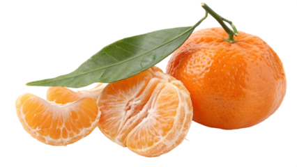 Fresh Mandarin Tangerine with Green Leaf and Peeled Slices Isolated on White Background