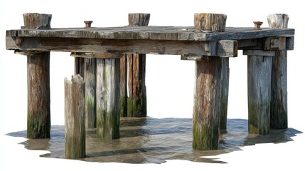 Wooden pier sits above shallow water with rough posts supporting it. The structure shows signs of age and weathering surrounded by the natural landscape.
