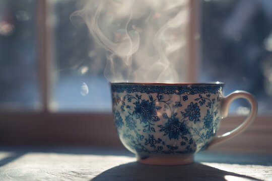 Elegant blue floral tea cup with steam rising, set against a softly blurred background - Powered by Adobe