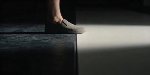 Person stepping into bright light with casual shoe
