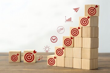 Goal Achievement Blocks with Target Icons &ndash; Strategy, Abstract, Conceptual, Progress, Planning, Execution, Success, Development