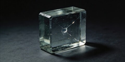 Damaged glass cube with cracks on dark background