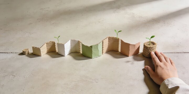 Person nurturing small plants growing from eco-friendly paper rolls - Powered by Adobe