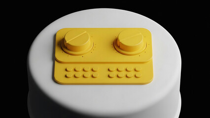 Fototapeta premium Yellow Lego brick with two round knobs on of a white cake