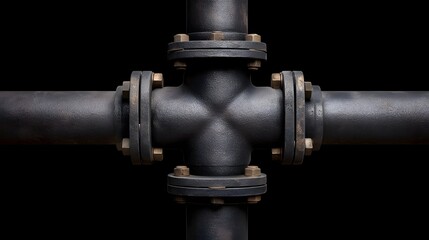 A detailed close up view of a dark industrial pipe junction with flanges and bolts against a black background