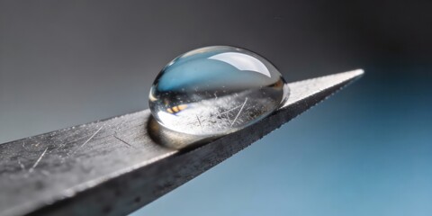 Water drop on sharp metal edge reflecting blue background