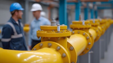 Industrial workers in discussion near a bright yellow pipeline system in a manufacturing facility