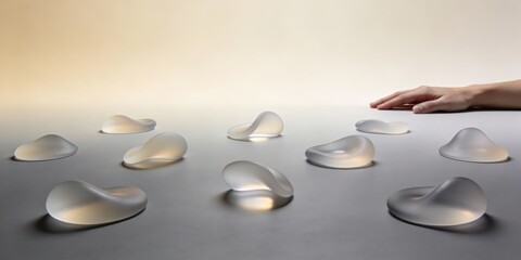 Ethereal transparent silicone shapes on modern surface with hand