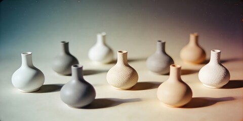 Collection of small ceramic vases in various neutral colors