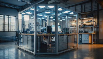 Industrial Workshop Scene with Glass Enclosures and Machinery.
