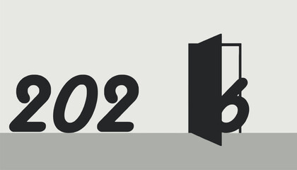 A graphic illustration of the year 2026 emerging from an open door.