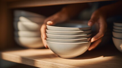 Arranging Ceramic Bowls Inside a Kitchen Cabinet in Perfect Alignment
