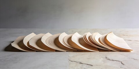 Curved wooden panels arranged in a fan shape on marble surface