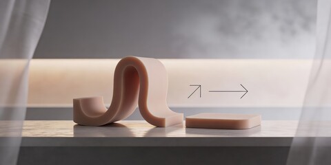 Modern pink objects on sleek surface with arrows