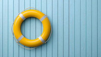 Bright yellow life preserver ring hanging on a light blue wooden wall