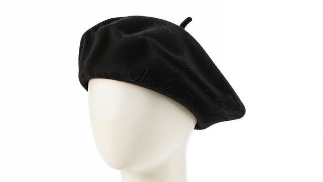Black beret hat displayed on a white mannequin head  