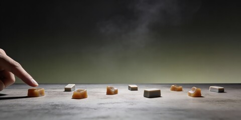 Hand selecting caramel and white chocolate pieces on gray surface