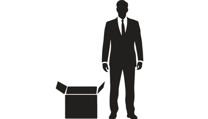 A silhouette of a businessman standing next to an open cardboard box