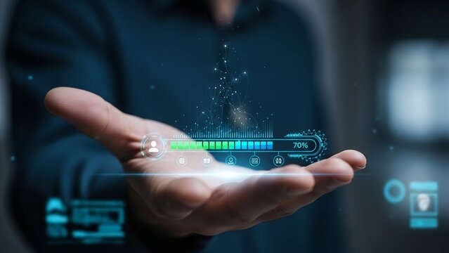 A person holds a glowing digital interface in their hand with futuristic graphics and icons floating above - Powered by Adobe