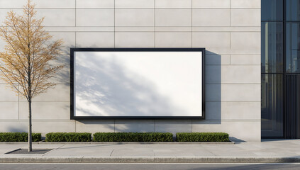 Blank billboard on a modern building facade with a tree and sidewalk