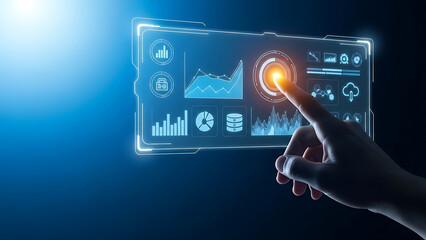A hand interacting with a futuristic digital interface with glowing icons and graphs on a dark background