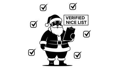 A cartoon Santa Claus wearing sunglasses and holding a clipboard with a verified nice list