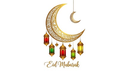 A sophisticated Islamic holiday illustration with a patterned golden moon and glowing lanterns against a plain white studio backdrop.