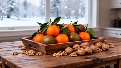 Dieta invernale con vitamine: agrumi, arance, mandarini, clementine, kiwi, noci e spremuta fresca