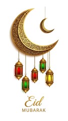 Beautifully detailed floral gold crescent moon accompanied by red, green, and yellow hanging lanterns celebrating the holiday of Eid.