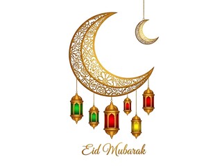 Minimalist digital card for Eid Mubarak showcasing a decorative gold moon and colorful traditional lanterns in a clean design.
