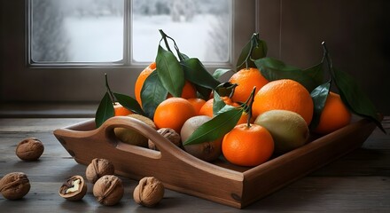 Dieta invernale con vitamine: agrumi, arance, mandarini, clementine, kiwi, noci e spremuta fresca