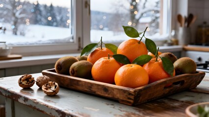 Dieta invernale con vitamine: agrumi, arance, mandarini, clementine, kiwi, noci e spremuta fresca