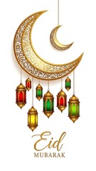 An elegant Eid Mubarak greeting featuring a floral golden crescent moon and colorful hanging lanterns on a white background.