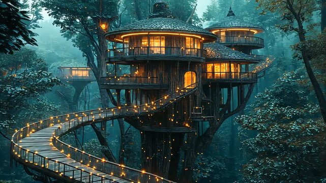 Static shot: A cozy treehouse nestled in a misty rainforest, connected by a glowing bridge.
