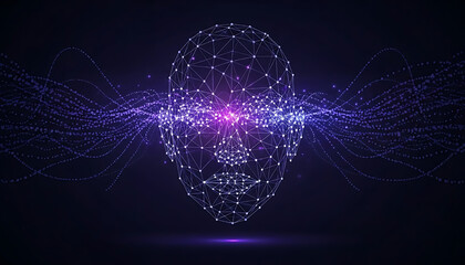Artificial Intelligence Concept with Wireframe Digital Human Head and Glowing Neural Network Waves