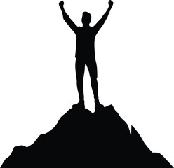 Man standing triumphantly on a mountain peak raising both arms in celebration of achievement