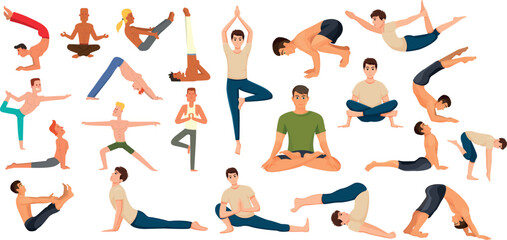 Yoga Poses Collection with Lotus Pose in Center, Fitness Stretching and Healthy Lifestyle Vector Illustration