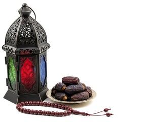 Traditional Iftar essentials including an intricate metal lantern and dark dates arranged elegantly against a clean white studio backdrop.