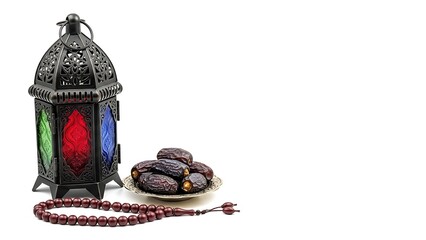 Minimalist Islamic holiday composition showcasing a decorative lantern, sweet dried dates, and a Misbaha strand for Ramadan celebrations.