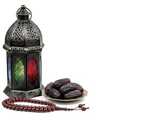 Ornate bronze Fanous lantern with colorful glass panels placed next to a plate of dates and red prayer beads.