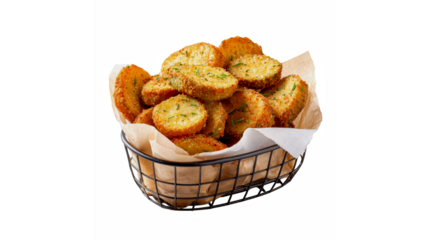 Crispy fried zucchini slices seasoned with herbs in a metal basket