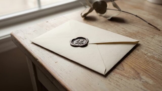 A vintage letter, sealed with a classic wax emblem, lies gracefully on a wooden surface, beside the window with soft natural light, whispering tales of correspondence.